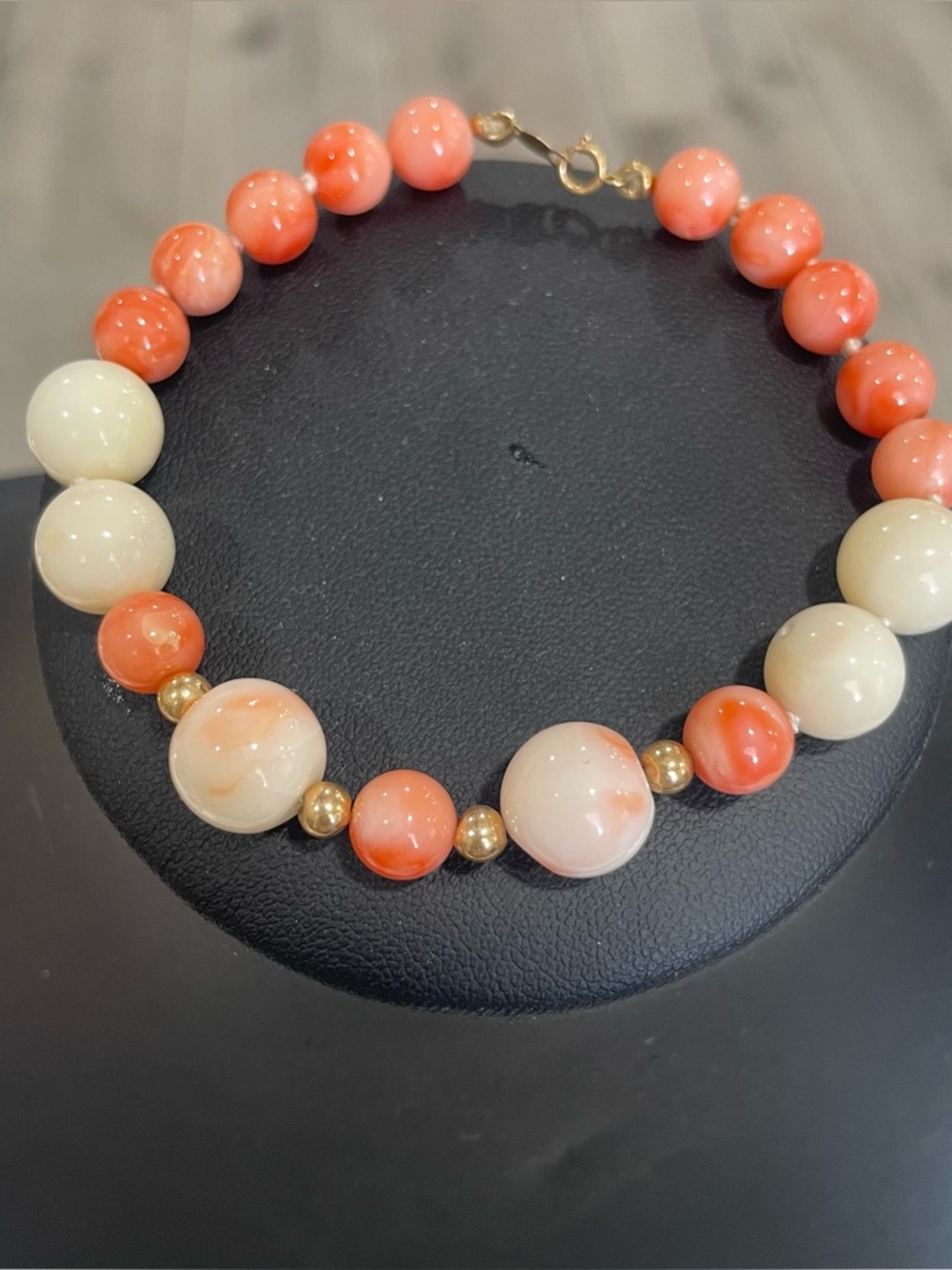 Vintage 14K Gold Clasp & Spacers Angel Skin Coral Beaded Bracelet